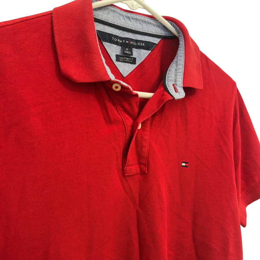 Tommy Hilfiger Polo Shirt Red Cotton Pique Short Sleeve Custom Fit Mens Size M